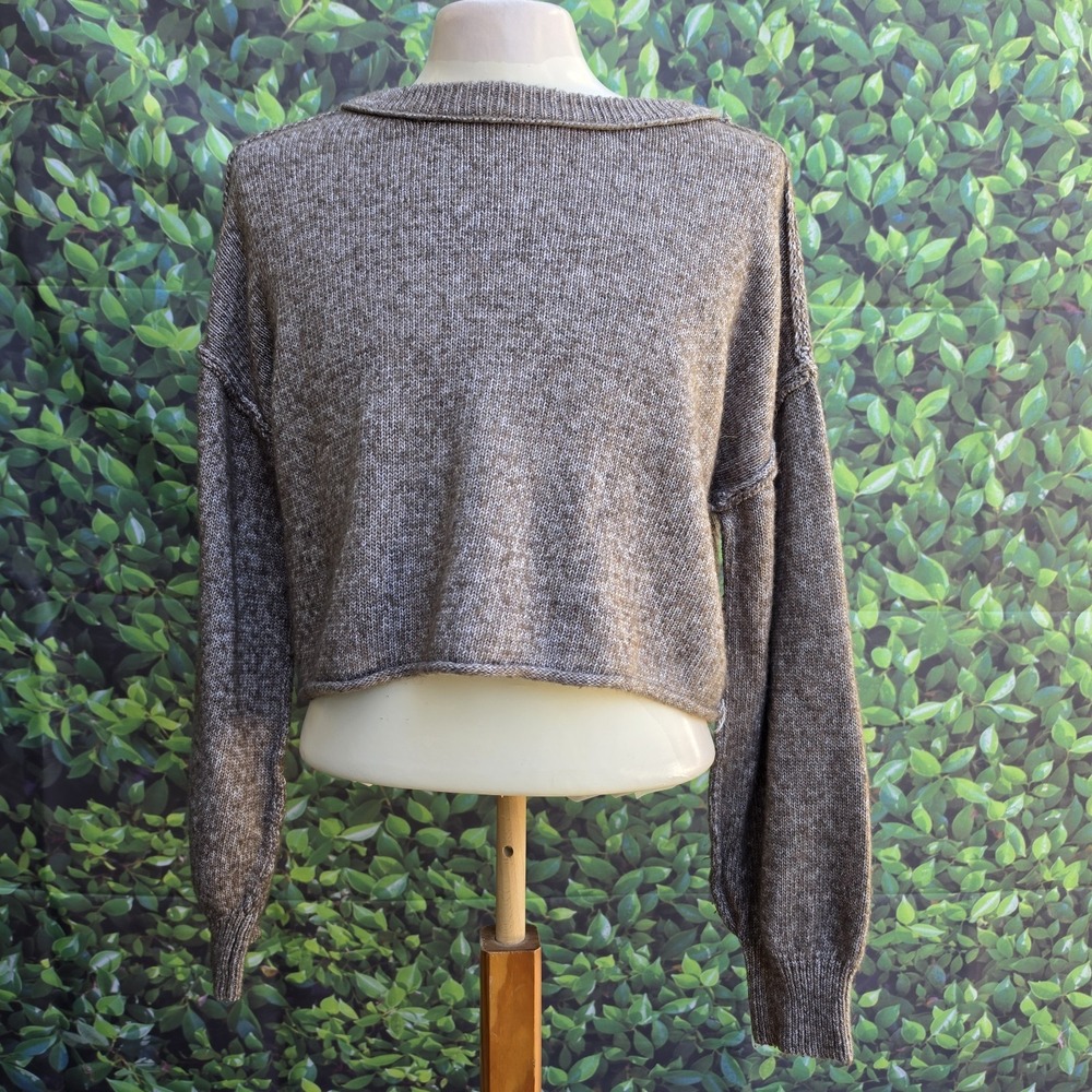 SO Cropped Sweater Women's Medium Brown Marled Knit Balloon Sleeve Crewneck